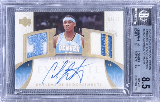 2005-06 UD "Exquisite Collection" Emblems of Endorsements #EMCA Carmelo Anthony Signed Game Used Patch Card (#04/15) - BGS NM-MT+ 8.5/BGS 10